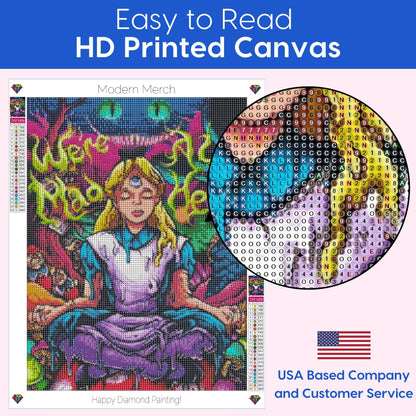 Modern Merch Alice in Wonderland Diamond Art Kits for Adults 'We're All Mad Here' 5D Diamond Painting for Adults, DIY Trippy Wall Art, Cross Stitch Gem Art, Full Round Drill 12x16