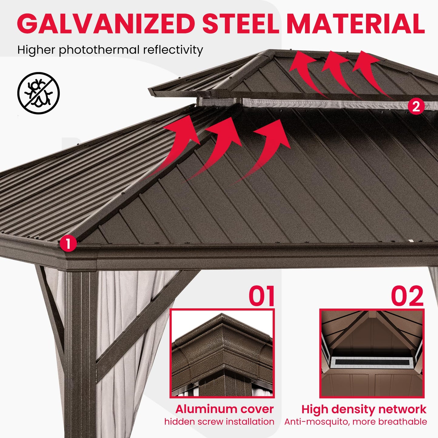 PAMAPIC 10x12FT Premium Hardtop Gazebo, 2-Tier Galvanized Steel Roof with Aluminum Frame, UV-Proof Curtains & Mosquito Netting, All-Weather Outdoor Pavilion for Backyard, Garden & Parties,Brown