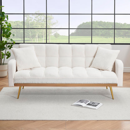 Convertible Futon Loveseat Couch Reversible Loveseat Folding Daybed Guest Bed, Tufted Teddy Fleece Upholstered Convertible Sleeper Sofa Bed with Golden Metal Legs and 2 Pillows for Living Room Office