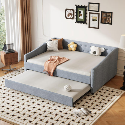 Ball & Cast Full Size Daybed with Twin Size Trundle,Upholstered Day Bed Frame w/Button Tufted Back and Wave Shape Arm for Bedroom, Guest Room,Apartment,Light Grey