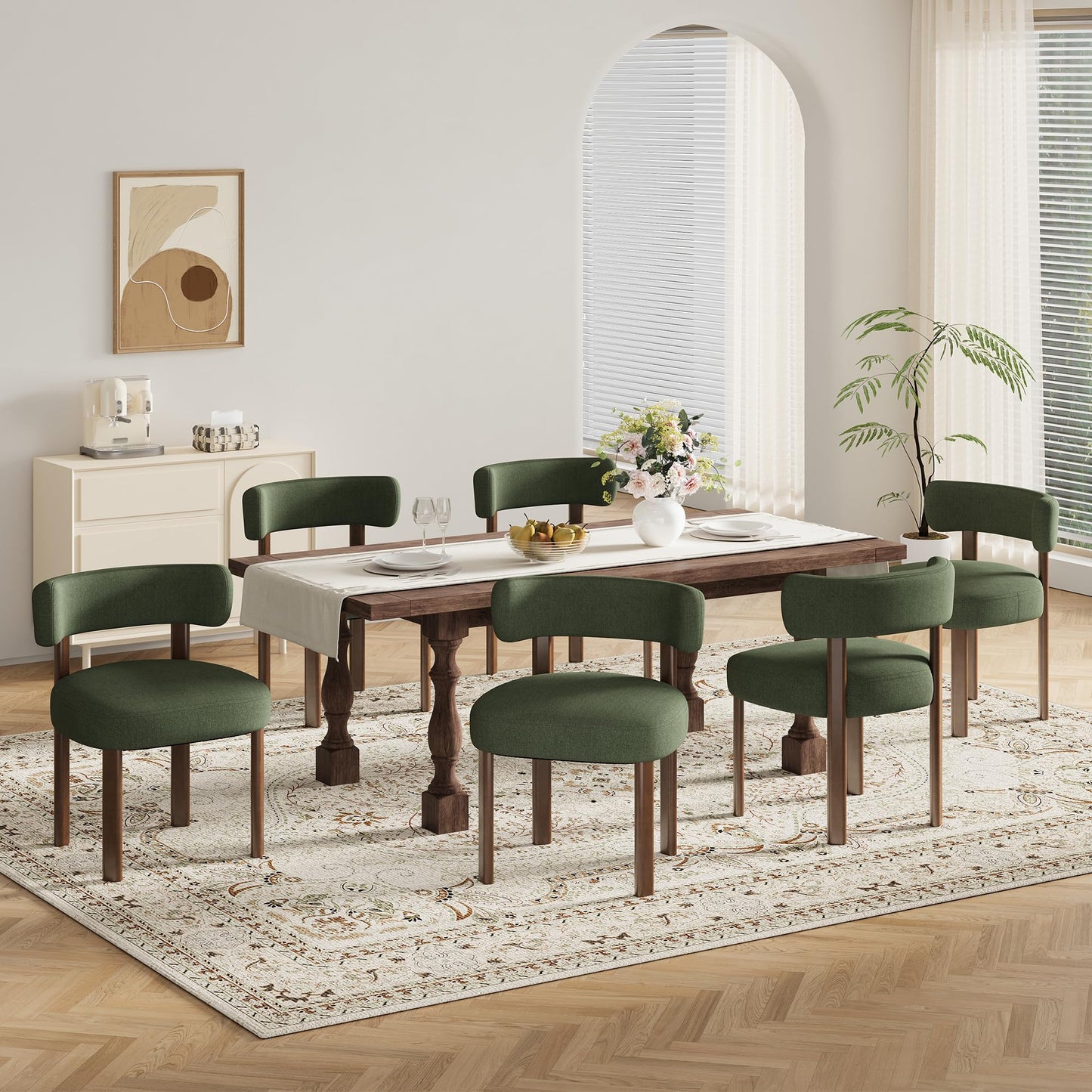 smartue Wooden Dining Chairs Set of 6, Upholstered Kitchen Chairs with Solid Wood Legs, Mid Century Dining Room Chair with Ergonomic Curved Backrest for Kitchen Dining Vanity, Green