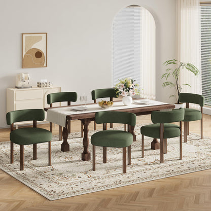smartue Wooden Dining Chairs Set of 6, Upholstered Kitchen Chairs with Solid Wood Legs, Mid Century Dining Room Chair with Ergonomic Curved Backrest for Kitchen Dining Vanity, Green