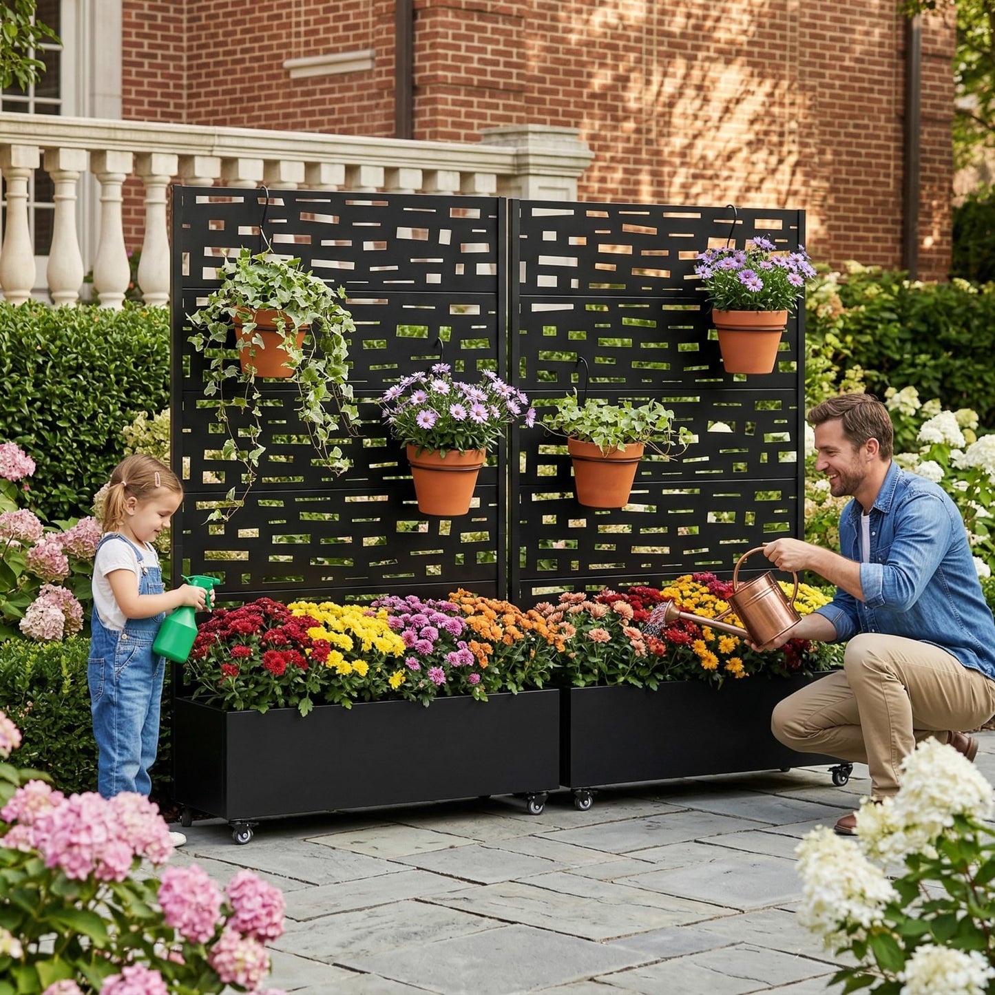 Wooakway 72" H Raised Garden Bed with Trellis and Wheels, Metal Privacy Screen Outdoor Planter Box for Patio, Backyard & Balcony, Large Capacity Mobile Vertical Planter for Climbing Plants, Black