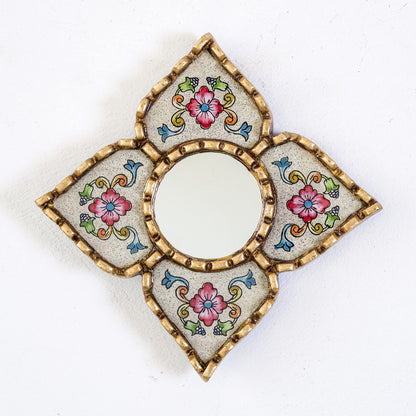 DECORCONTRERAS Artisan Handcrafted Wall Mirror Set, 3 Floral Shape Mirrors, Bronze Finish Frame, Turquoise Purple Beige Glass