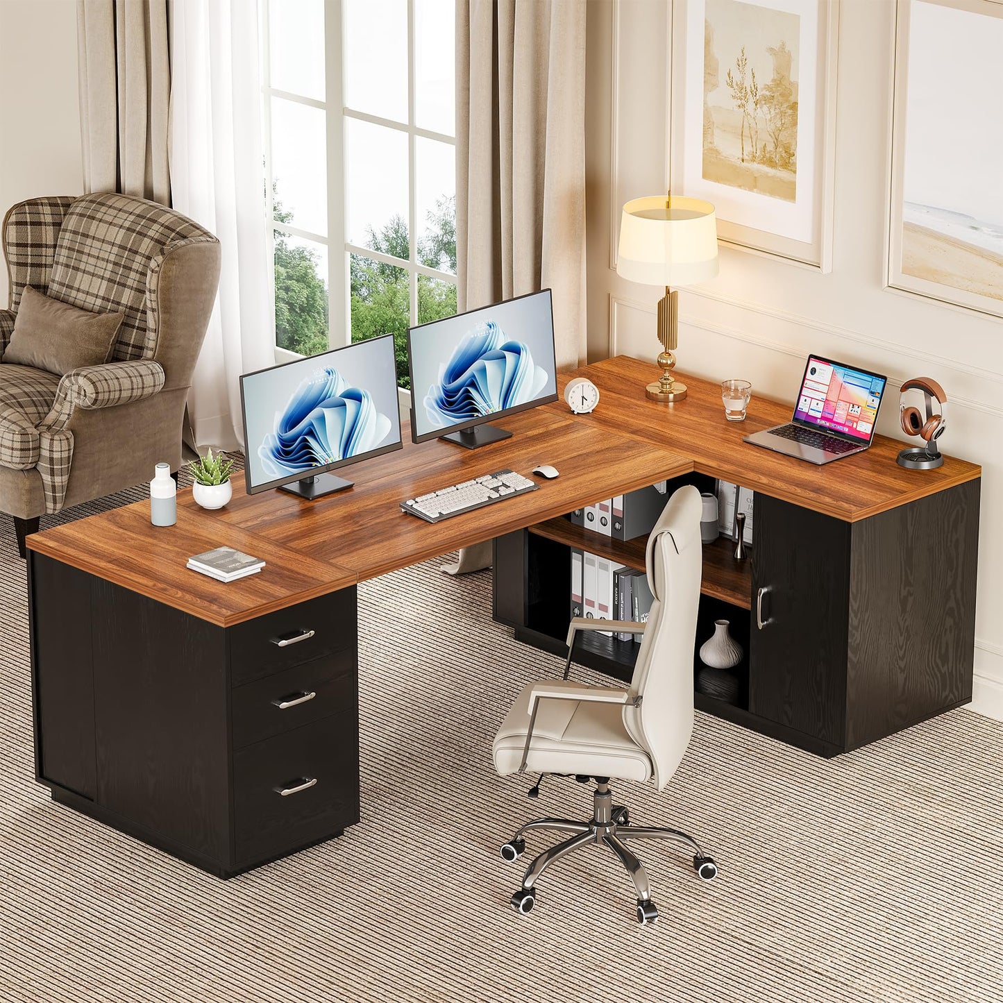 LITTLE TREE 87-Inch Modern Executive Desk with File Cabinet, Large Home Office Desk with Drawers, 3-Drawer Wooden File Cabinet, Spacious Workstation for Home Office (Brown & Black)
