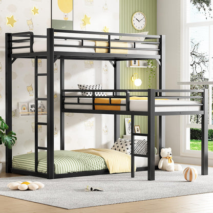 PVWIIK Heavy Duty L-Shaped Triple Bunk Bed for Kids Bedroom,Twin Over Twin Over Twin Metal Bunkbeds with Ladder & Safety Guardrail,Easy Assembly Metal Bed Frame, Black