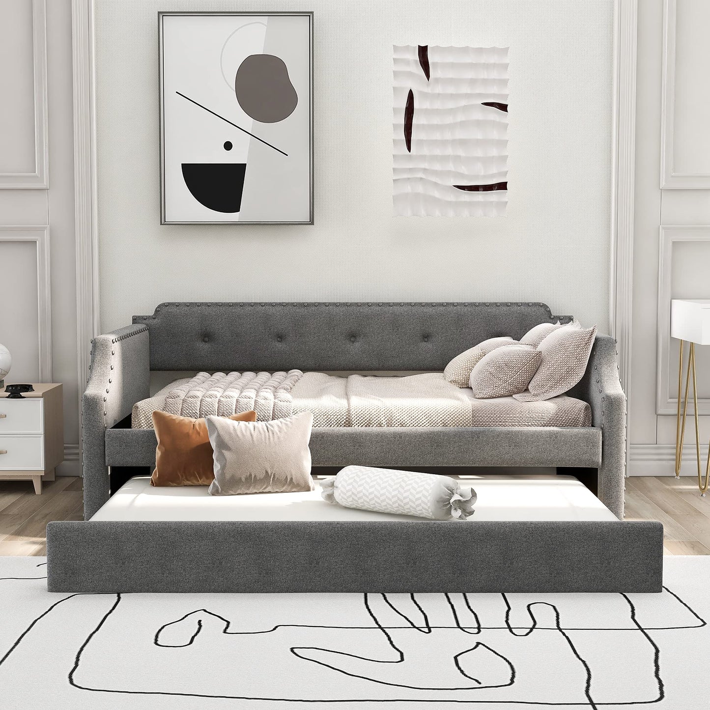 Merax Upholstered Daybed with Trundle, Wood Slat Support,Upholstered Frame Sofa Bed, Twin, Gray