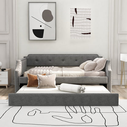 Twin Size Daybed with Trundle, Upholstered daybed with Button Tufted and Nailtrim on Arms, Sofa Bed Frame with Wood Slat Support, No Box Spring, for Living Room, Bedroom, Guest Room, Gray.
