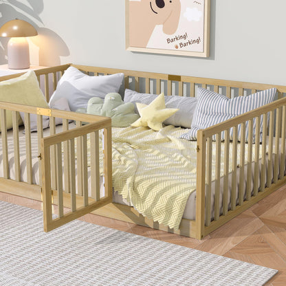 KEIKI Montessori Full Floor Bed with 21.5" High Fence, Revolving Door & 6 Slats, Rubber Wood Floor Bed Frame for Kids, Easy Assembly, Natural