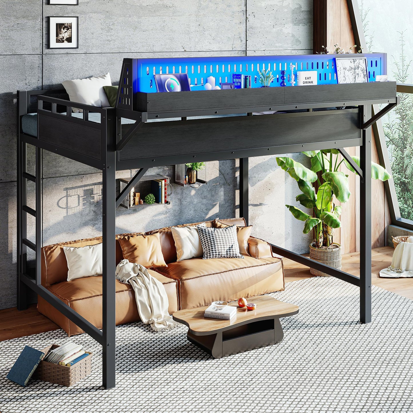 KEIKI Queen Size Metal Loft Bed Frame with Storage Shelves & Pegboard, Modern Loft Bed with USB Ports and LED Lights for Adults Studio Apartments Home Offices & Multifunction Bedrooms