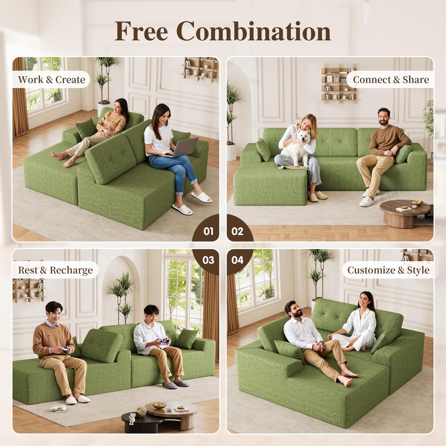 Ball & Cast 106" Boneless Sectional Sofa, Chenille Modular L Shaped Couch with Deep Seat Chaise, Cloud Style Oversized Sectional Couch for Living Room, No Assembly, Left Facing, Green