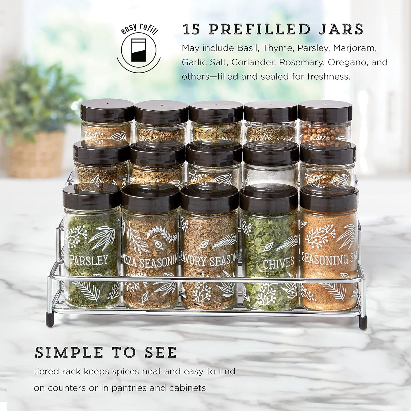 15 Countertop 5 9.5 5.8 9 Kamenstein Jar Lincoln Spice Rack with Spices Included, FREE Spice Refills for Years, Chrome