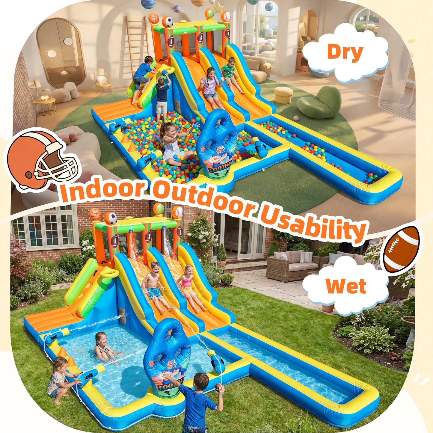 TOAOB Inflatable Water Slide for Kids 3-12: Blow Up Backyard Water Park with 2 Slides - 9 in 1 Football-Themed with 550W Blower for Outdoor Birthday Party