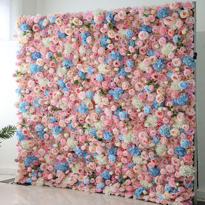 JIIPOREGJ Handmade Blue Pink Floral Rose Wall Large Artificial Flower Wall Backdrop Panels Rose Wedding Backdrop 3D Floral Wall Fabric Flower Wall for Party Baby Shower B