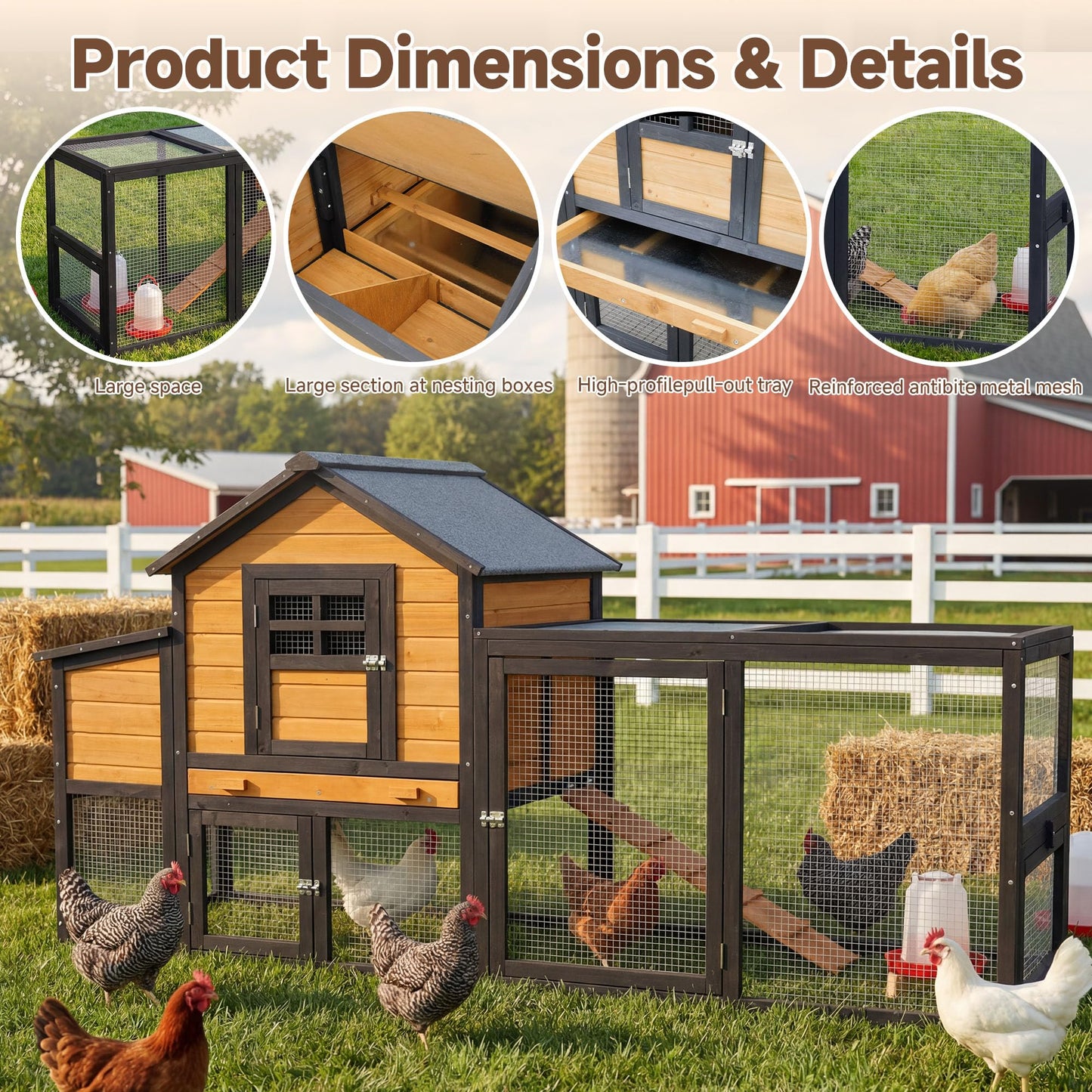 WHEGETED Large Chicken Coop Outdoor Durable Duck House Poultry Pet Hutch & 2 Wood Eggs Run Cage Nesting Box Waterproof Asphalt Roof Ramp Removable Tray Wire Fence for Backyard Small Animal 79" Orange