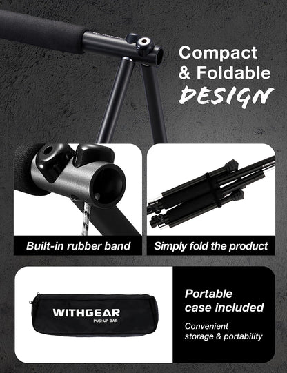 Withgear Folding Push Up Bar - Portable and Lightweight Sturdy Duralumin Metal Push Up Bars and Indoor and Outdoor Parallette Bar for Men and Women Swan Black