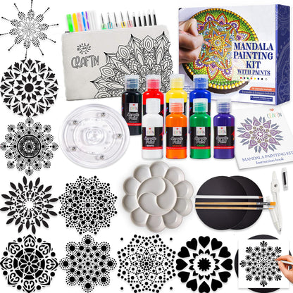 Complete Beginner's Mandala Painting 46 Piece Kit with Acrylic Paints, Reusable Stencils and Dotting Tools. Fun Rock Art & DIY Craft Project. Starter Activity Pack and Gift for Teens, and Adults