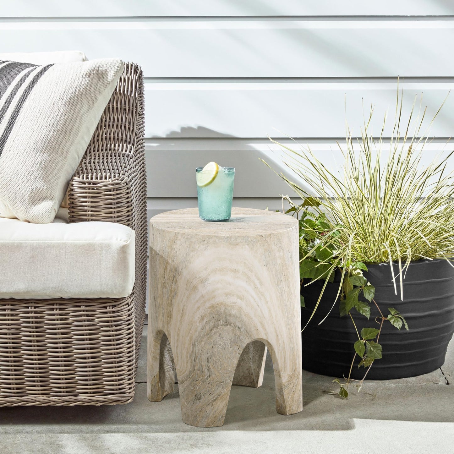 Meridian Furniture 99054Travertine-ET Foligno Collection Art Deco Indoor/Outdoor Concrete End Table with Travertine Finish, 14" W x 14" D x 18" H, Travertine