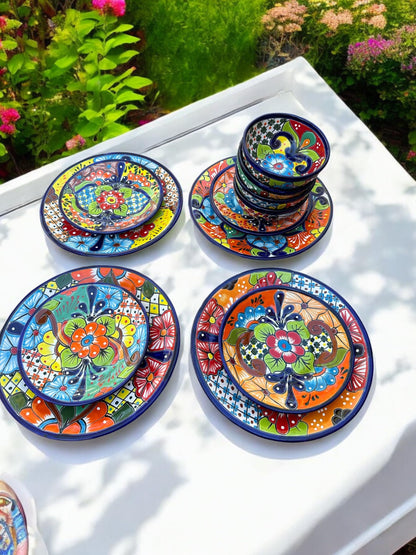 16-Piece Talavera Dinnerware Set | Hand-Painted Mexican Pottery with 4 Large 11.5” Plates, 4 Small 8” Plates, 4 Bowls, and 4 Mugs | Unique, Artisan-Made Ceramic Dish Set