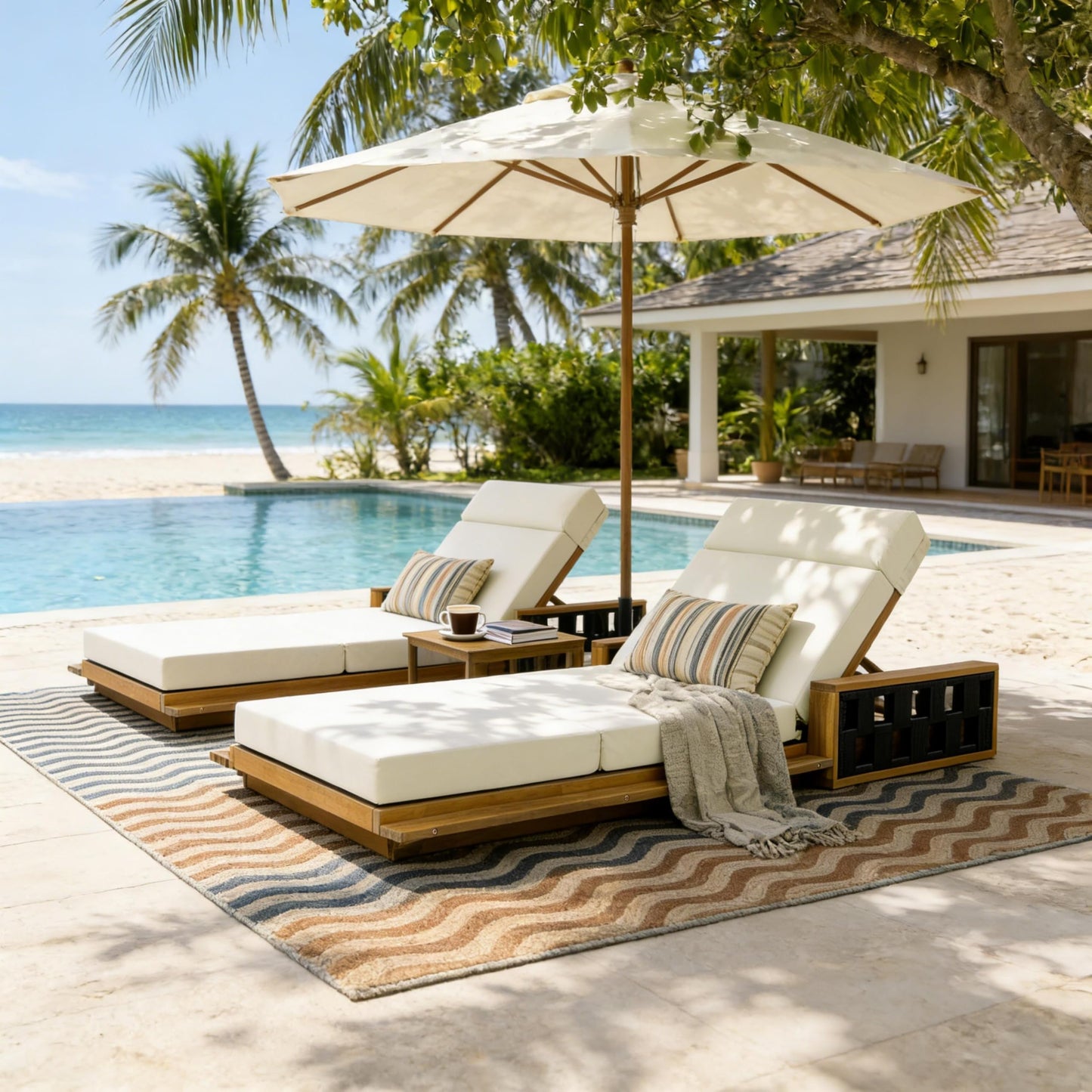 Merax Acacia Wood Patio Chaise Lounge Set of 2, Outdoor Reclining Chairs with 4-Position Adjustable Backrest, 2-Piece Sunbathing Recliner & 4" Thick Four-fold Cushion for Poolside, Garden, Beige
