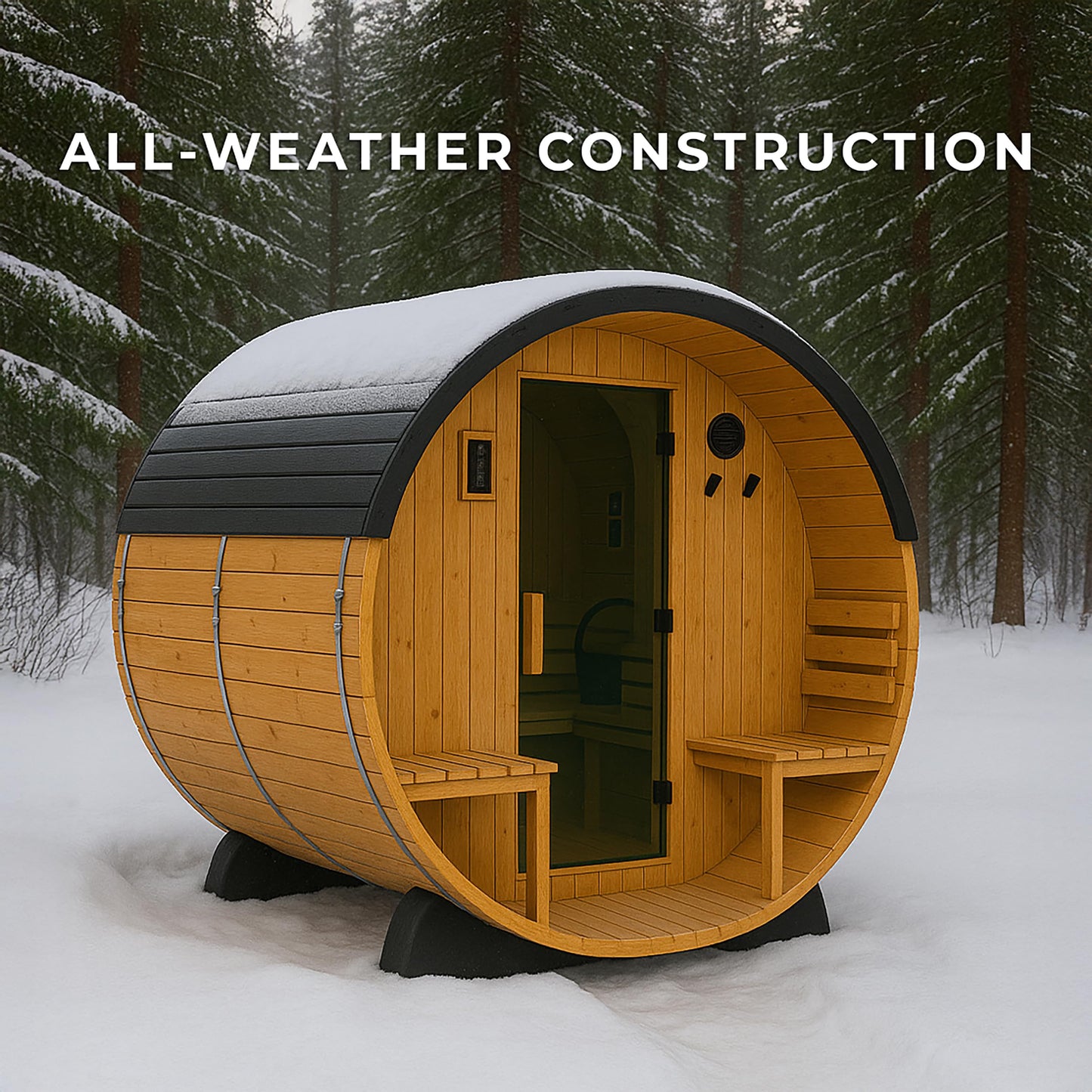 Backyard Discovery Paxton 2-4 Person Traditional Cedar Outdoor Barrel Sauna with Electric Sauna Heater, Front Porch, Sauna Rocks, Dry Heat, Steam Sauna, LED Lights, Wi-Fi Panel, Sauna Accessories