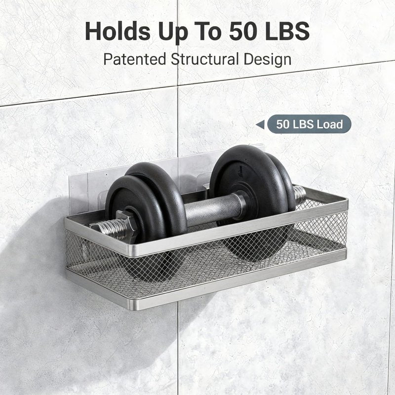 PUSDON Mesh Shower Caddy Wall Mount, Heavy Duty Adhesive Bathroom Shelf Organizer, Rustproof Floating Spice Rack for Kitchen Pantry, Holds 50 LBS, Multi-Purpose Storage Silver Gray -2 Packs (Netting)