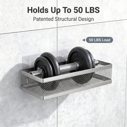 PUSDON Mesh Shower Caddy Wall Mount, Heavy Duty Adhesive Bathroom Shelf Organizer, Rustproof Floating Spice Rack for Kitchen Pantry, Holds 50 LBS, Multi-Purpose Storage Silver Gray -2 Packs (Netting)