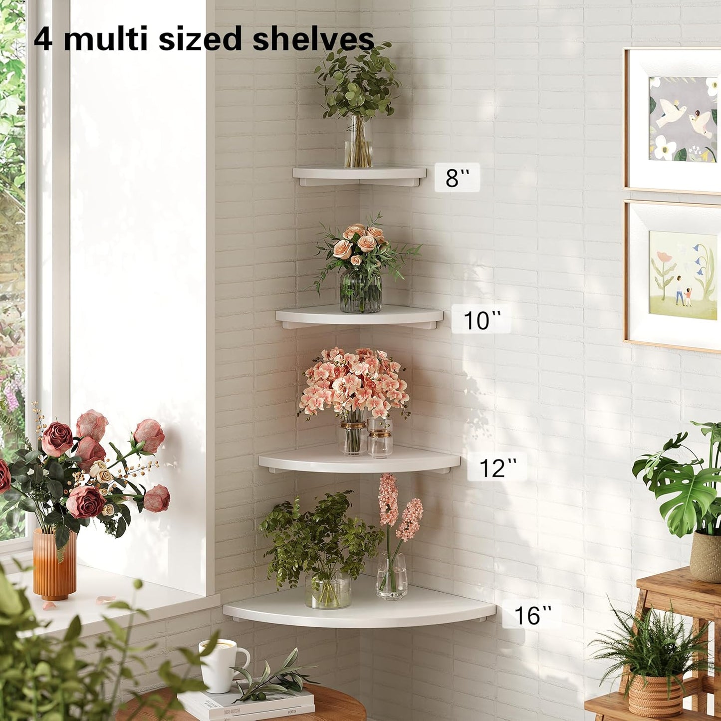 12", 2-Pack Floating Corner Shelves White Solid Oak Wall Mounted Wooden Display Storage Rack with Wire Hole for Plants