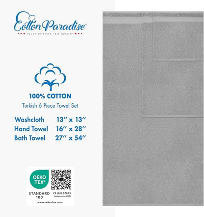 Cotton Paradise 6-Piece Towel Set - 100% Soft Absorbent Turkish Towels | Light Gray Bath & Hand Towels