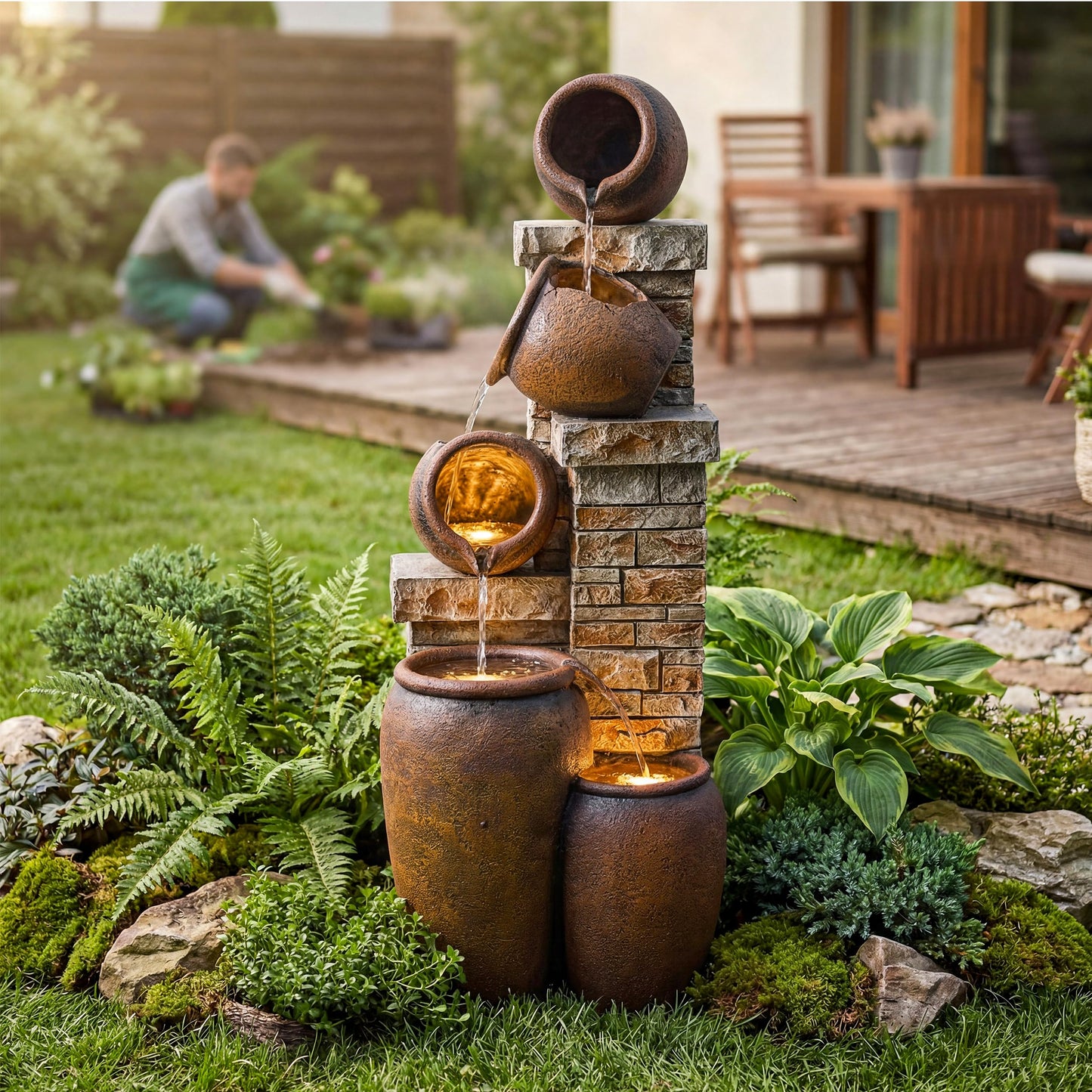 Dalxo 44-Inch Outdoor Water Fountain, 5-Tier Floor Standing Cascading Jars and Stacked Stones Resin Waterfall Fountain with 4 LED Lights, Home Decor for Garden, Patio, Yard, Farmhouse or Deck in Brown