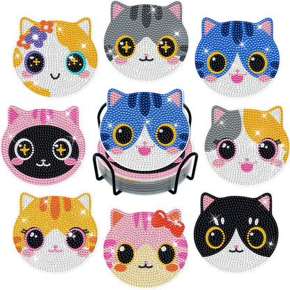 ZTOTZ Cat Diamond Art Painting Coaster Kit, 8Pcs DIY Cute Cat Face Diamond Crafts Kit with Holder, Non Slip Coaster Art Supplies for Adults, The Perfect Christmas and Holiday Gifts
