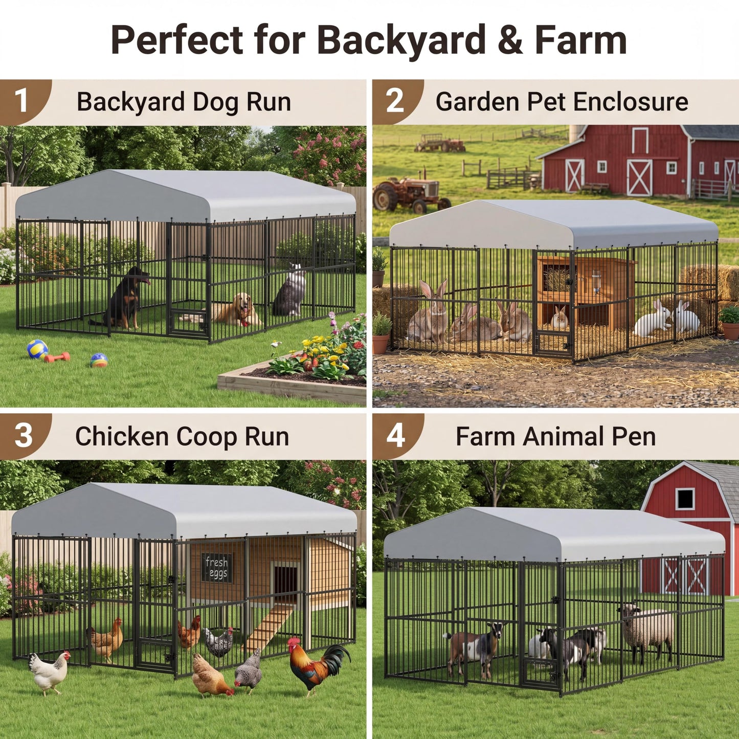 10x15 ft Outdoor Dog Kennel Heavy Duty Metal Dog Run Enclosure with Waterproof Cover & Feeding Door, Large Dog Kennel Outdoor with Lockable Gate for Backyard, Garden, Chicken Coop Run