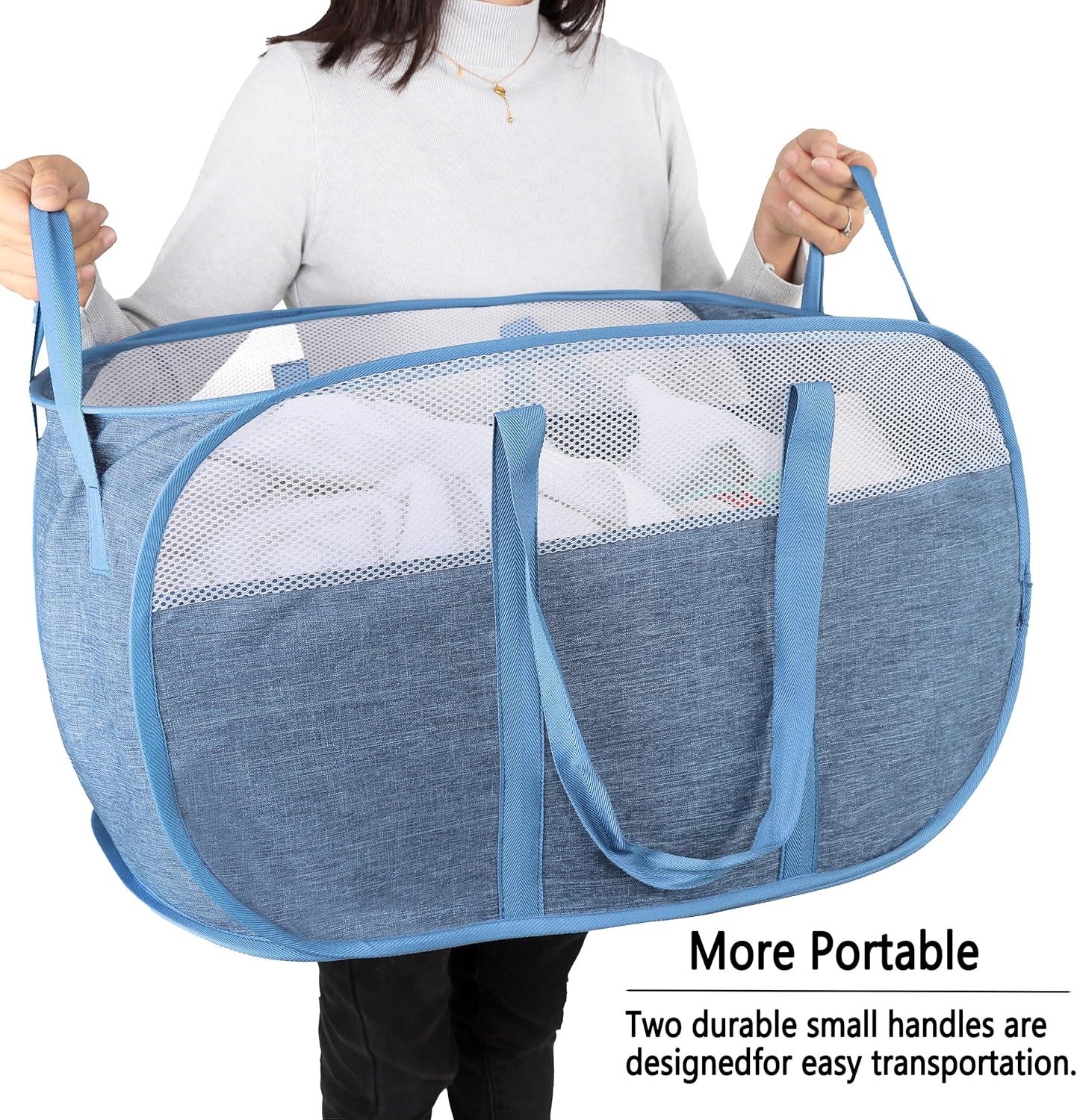 Pop Up Laundry Hamper with Durable Handles, Collapsible Basket for College Dorm, Kids Room, Travel (Blue+Gray)