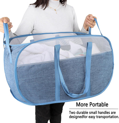 Pop Up Laundry Hamper with Durable Handles, Collapsible Basket for College Dorm, Kids Room, Travel (Blue+Gray)
