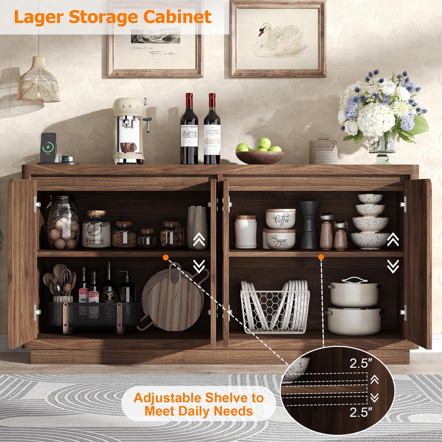 knoworld Buffet Cabinet with Storage, Outlet & Adjustable Shelves, Sideboard Cabinet with Double-Arc Doors, Classic Modern Wood Console Table & Credenza for Dining Room & Entryway