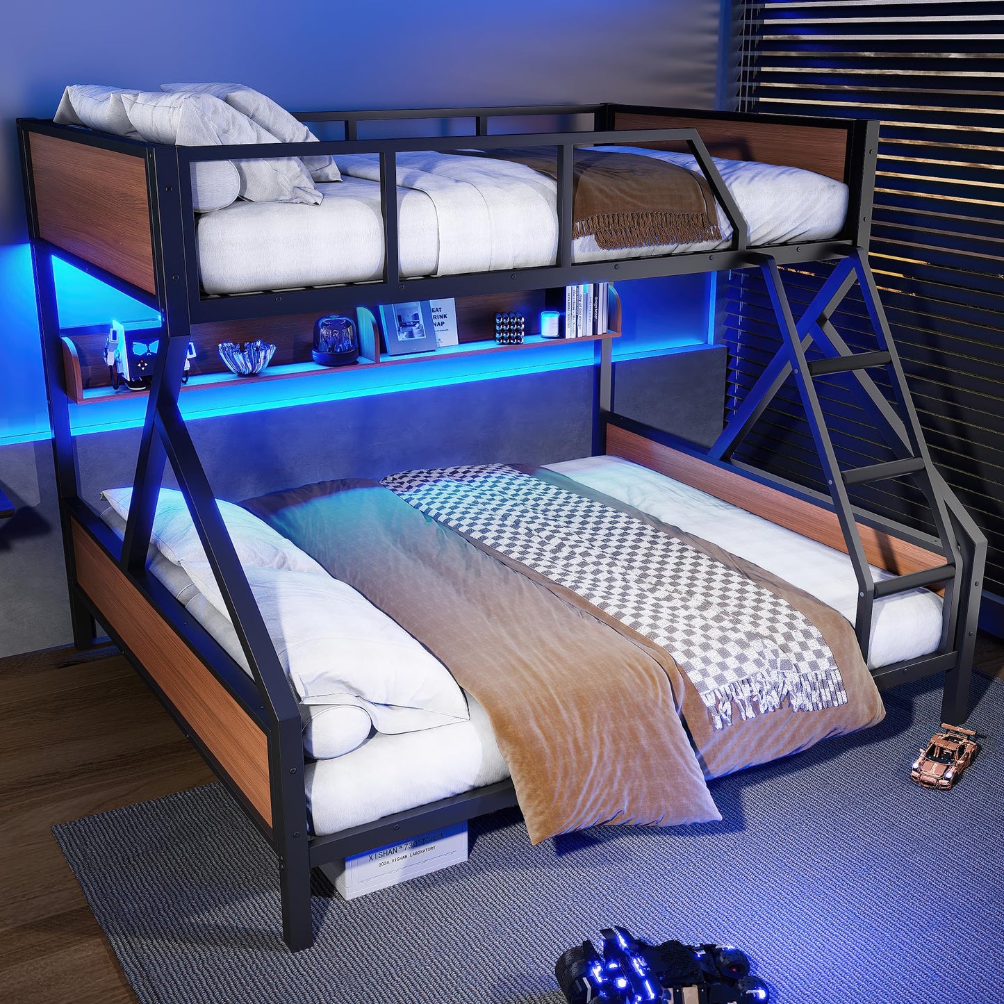 Bellemave Queen Over King Size Bunk Bed with Storage Shelves and LED Lights,Heavy Duty Adult Bunk Beds with Angled Ladder,Metal Queen Bunk Bed,Black