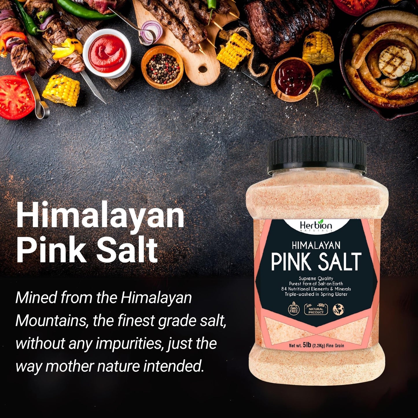 HERBION Naturals Himalayan Pink Salt Jar Fine Grain, GMO Free, Supreme Quality Chemical Free, Vegan, Kosher Certified, Fine Grain All Natural Salt, Triple Washed in Spring Water, 5 lbs