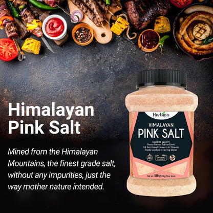 HERBION Naturals Himalayan Pink Salt Jar Fine Grain, GMO Free, Supreme Quality Chemical Free, Vegan, Kosher Certified, Fine Grain All Natural Salt, Triple Washed in Spring Water, 5 lbs