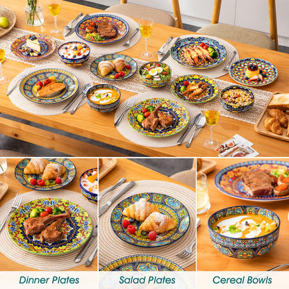 vancasso Plates and Bowls Sets,12-Piece Porcelain Dinnerware Set Service for 4, Bohemian Style Dishes Set for 4, Kitchen Dinner Set, Microwave and Dishwasher Safe, Scratch Resistant, Series KRVI