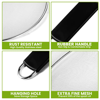 13" Grease Splatter Screen for Cooking | Stainless Steel Oil Splatter Guard and Ultra-Fine Mesh Protects Skin from Burns | TPR Tight-Grip Handle (Black)