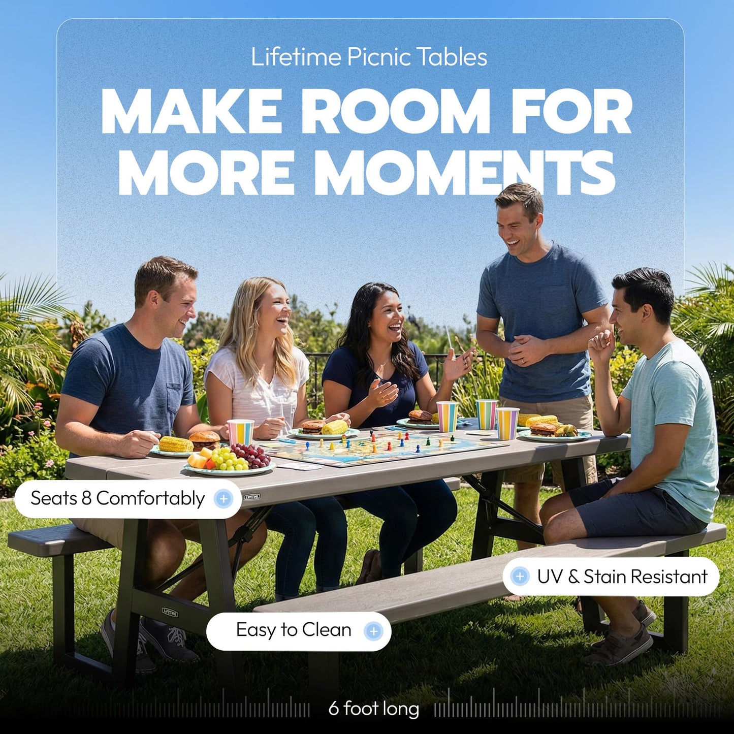 LIFETIME 6-Foot Folding Picnic Table with Benches, Seats 8, Heavy-Duty HDPE Tabletop, Steel Frame, Weather & UV Resistant Outdoor Picnic Table with Umbrella Hole