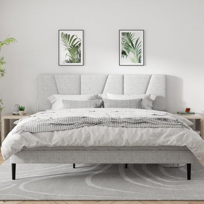 CXVX King Size Platform Bed Frame with Geometric Upholstered Headboard, Noise Free, Wooden Slats Support, No Box Spring Needed, Easy Assembly, Light Grey, Linen