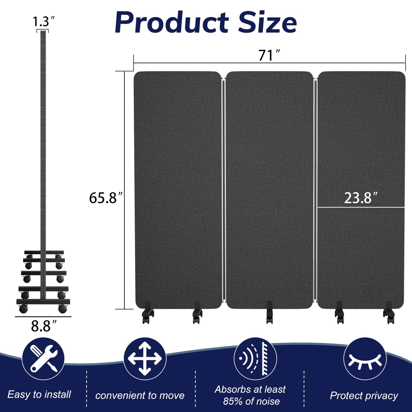 KERRAM 3 Panel Foldable Office Partitions, Mobile Cubicle Wall with Wheels, 71 x 66 Inch Noise Cancelling & Sound Proof Room Dividers Partition Wall, Aluminum Frame Dark Gray