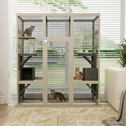 70" Large Outdoor Catio Cat Enclosure, Wood Cat Patio with Waterproof UV-Resistant Roof, Cats Shelter with 5 Platforms and 2 Resting Box, and Secure Rust-Proof Wire for Backyard or Patio