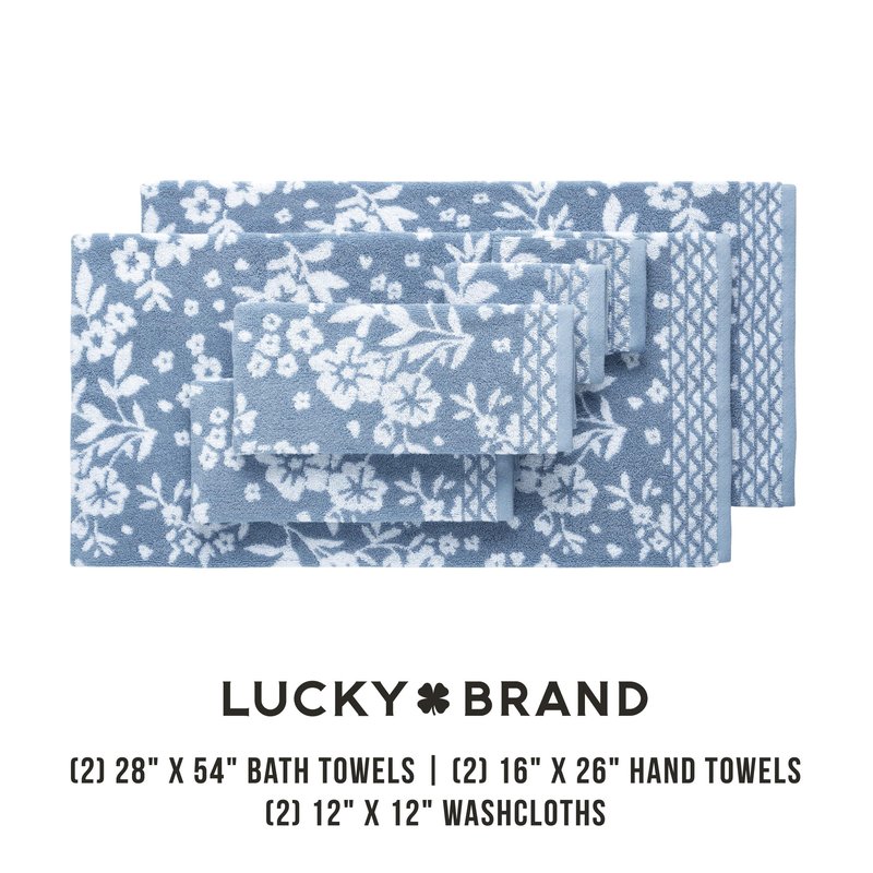 Lucky Brand Folk Floral 6 Piece Bath Towel Set - (2) Bath Towels, (2) Hand Towels, and (2) Washcloths - Dusty Blue Premium Bathroom Towel Set