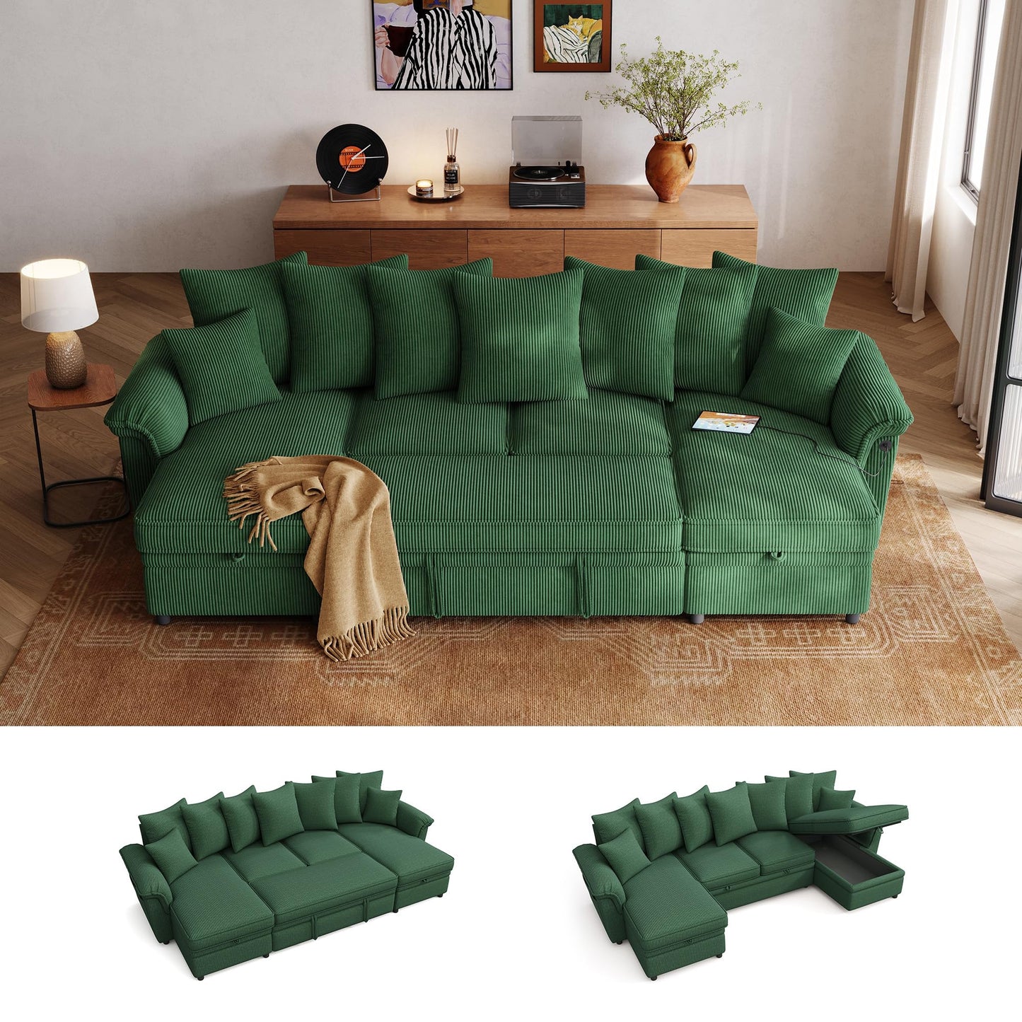 LINSY HOME Oversized Sectional Sleeper Sofa with Pull Out Couch Bed (Green, 118.5'')