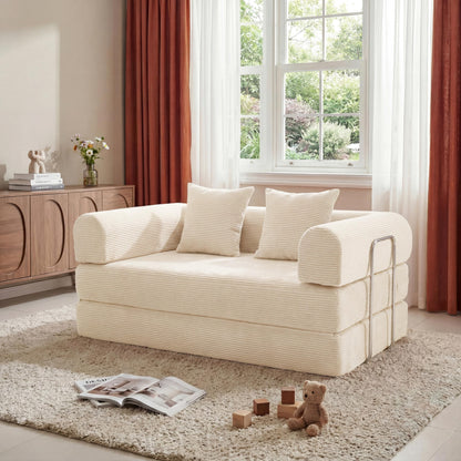 HouseMila 53.15" Boneless Couch,4-in-1 Futon Sofa Bed Modular Loveseat Sleeper Folding Compressed Couch with Pillows,No Assembly Required Convertible Sofa Bed for Living Room Bedroom Guest Room,Beige
