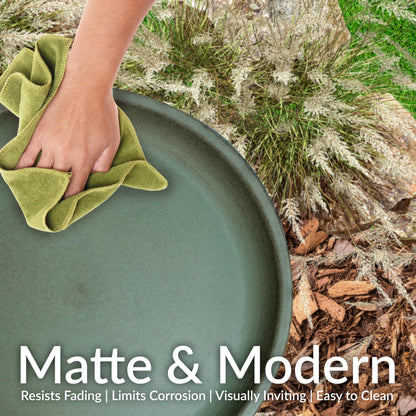 Sunnydaze Gleeful Garden 23" Iron Pedestal Bird Bath for Outside - Modern Shallow Basin Birdbath for Outdoors with UV-Protected Rust-Resistant Finish for Patio, Garden, Yard Decor - Matte Green