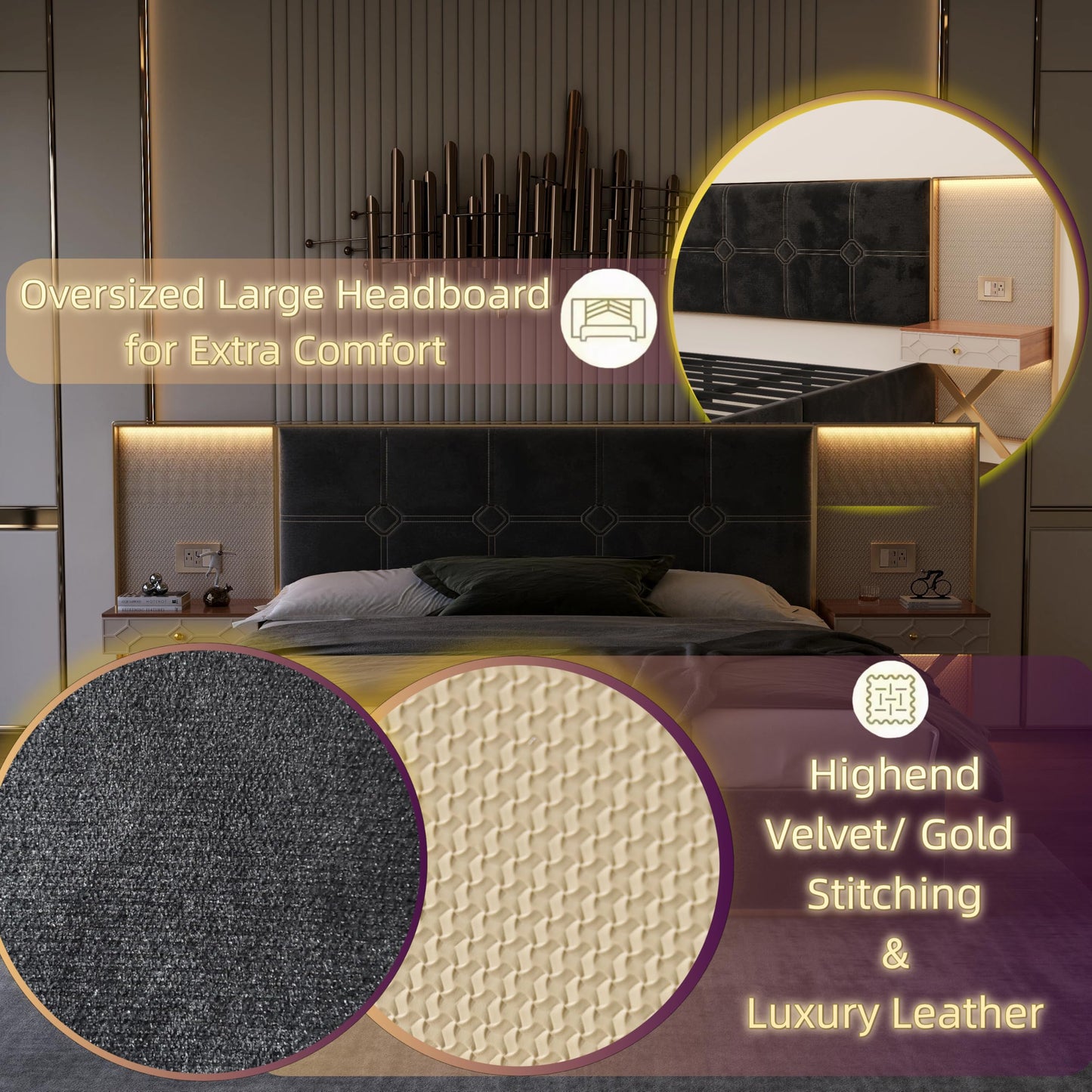 GDFStudio King Size Velvet Platform Bed Frame with LED Wall Lights & Floating Nightstands, Upholstered Headboard with Metal & Wood Frame, No Box Spring Needed, Easy Assembly, Black