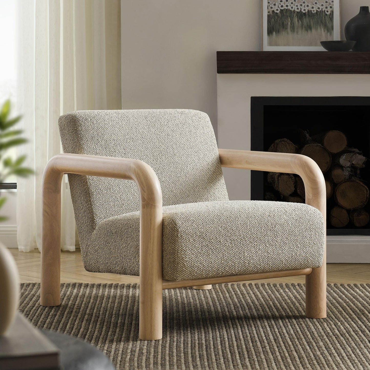 Modway Sereno Modern Boucle Fabric Accent Chair in Marble Oak with Rounded Wood Armrests – Upholstered Lounge Chair for Living Room or Bedroom
